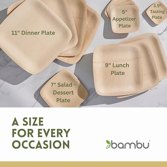 Bambu Pack of 100-5 Inch Disposable Bamboo Plates Square, Biodegradable Eco Friendly Products, Bamboo Disposable Appetizer Plates for Party, Weddings, and Events, Great For Any Occasion - Bulk Case
