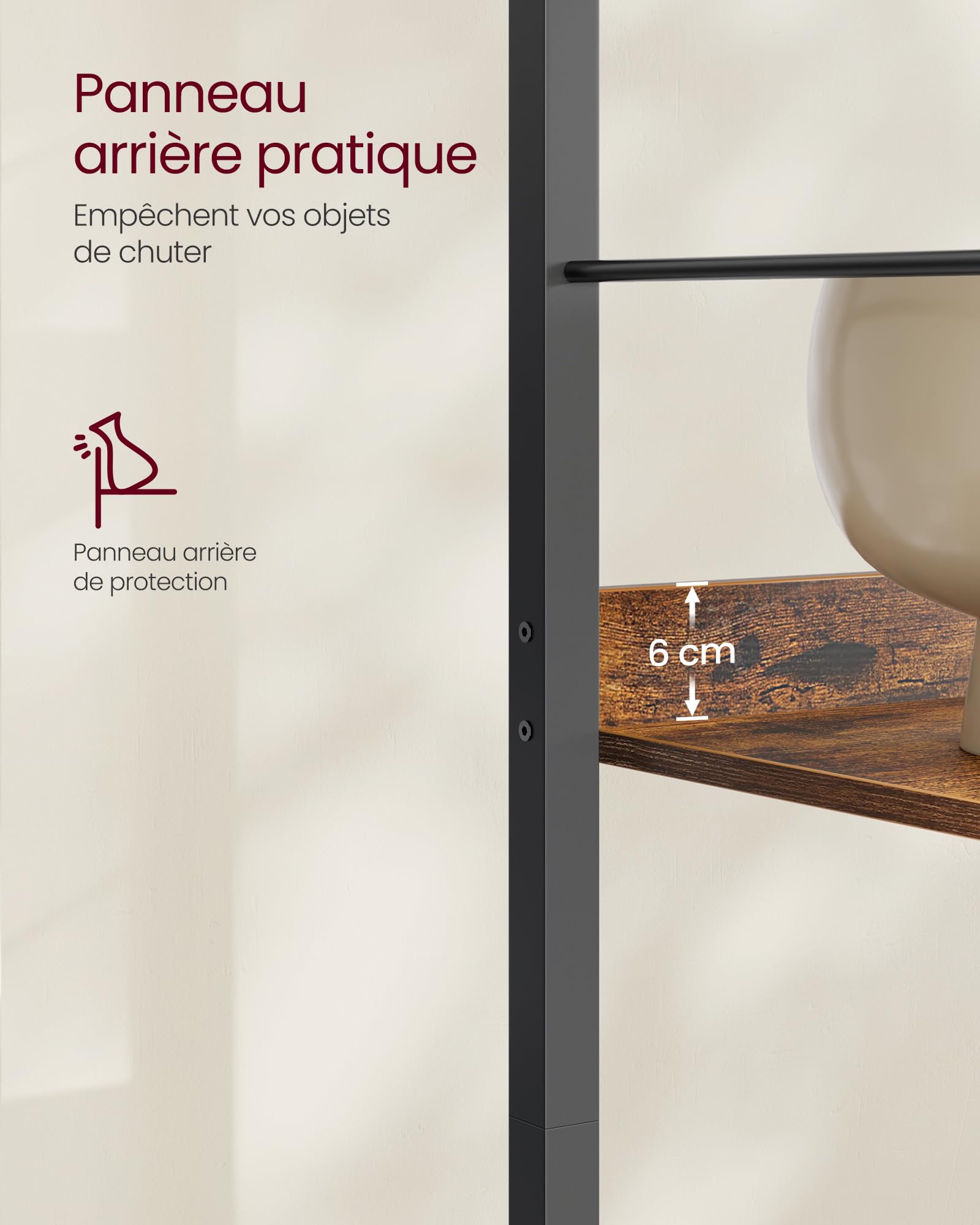 VASAGLE Étagère sur 6 Niveaux, Bibliothèque, Meuble de Rangement, 30 x 60 x 178 cm, avec Panneaux Arrière, Style Industriel, pour Salon, Étude, Bureau, Marron Rustique et Noir d'encre LLS118B01