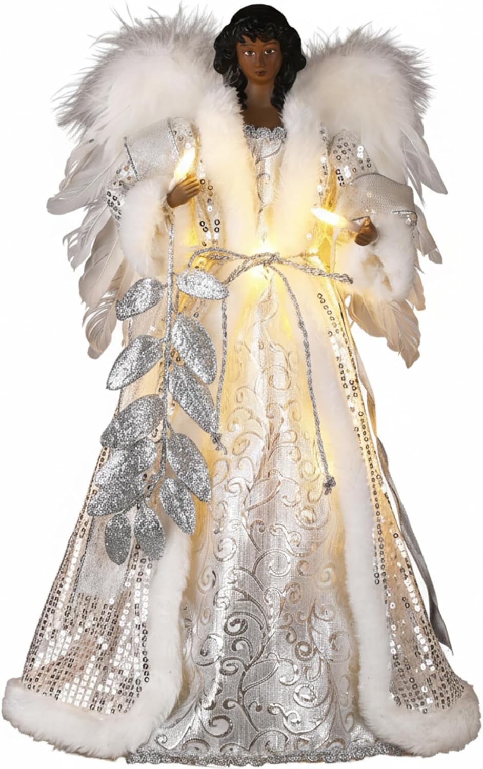 16 Inch Christmas Lighted Angel Tree Topper with Illuminated Wings Silver Leaves Gown, Christmas Tree Top Decor Ornament Flying Fairy Figurine Holidays Indoor Home Decor (Brown)