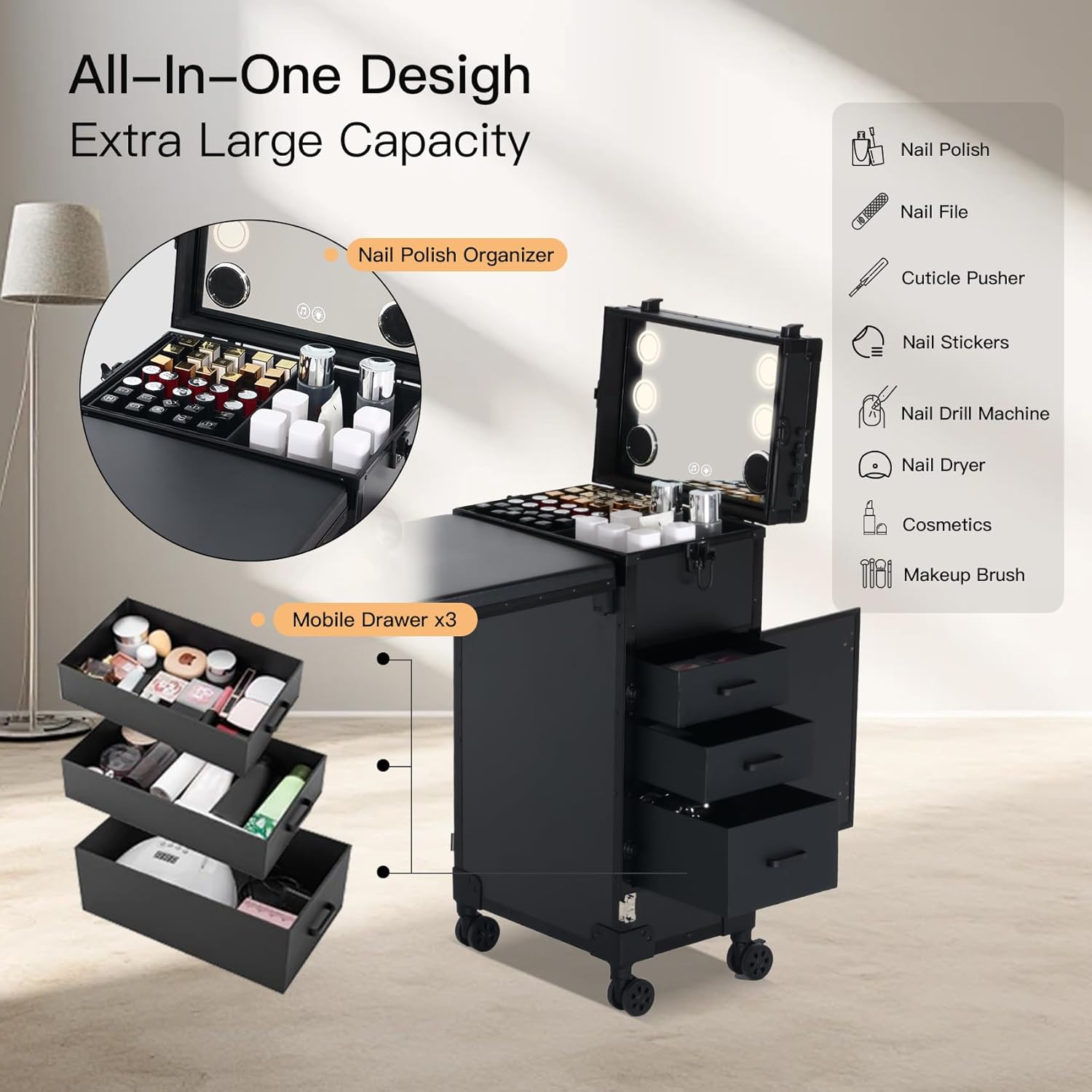 Portable Nail Desk for Nail Tech, Foldable Manicure Table with 3 Drawers & Mirror, Rolling Nail Table with Lockable Train Case, Nail Polish Organizer, Mobile Nail Tech Workstation with Wheels, Black