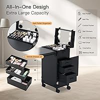 Vista 8 de Mesa de manicura portátil rodante con 3 cajones, estuche de maquillaje con cerradura con espejo y organizador de esmalte de uñas, escritorio de uñas