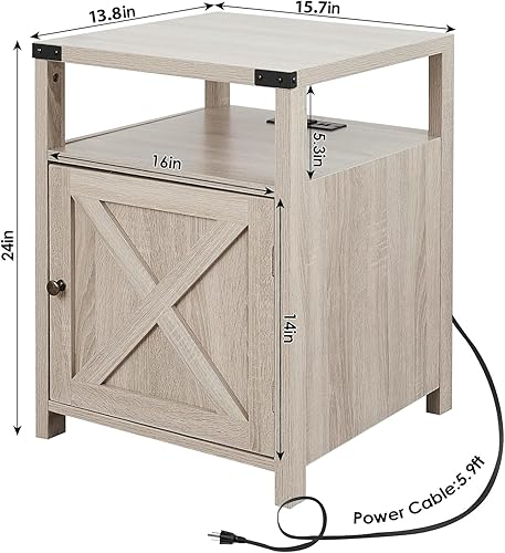 Miniatura 18 de Mesita de noche de granja con estación de carga, mesa auxiliar rústica para dormitorio con almacenamiento, mesa auxiliar para sala de estar, mesita
