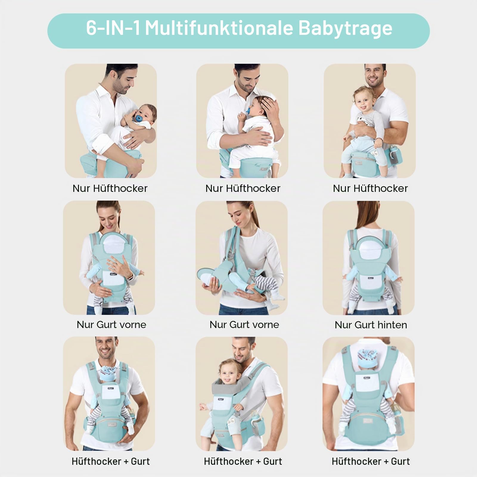 IULONEE Neugeborene Babytrage Baby Carrier Ergonomisch Babytrage mit Hüftsitz Multifunktional Kindertrage Dorsal und Ventral Babyrückentragen für Kleinkinder 3 Monate bis 3 Jahre (3-20kg) Grün