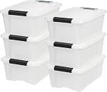 IRIS Storage Bins with Lids, 12 L Plastic Storage Containers, Stackable Nestable Storage Bins with Latches, Organizing Boxes – 6 Pack, Pearl