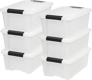 IRIS Storage Bins with Lids, 12 L Plastic Storage Containers, Stackable Nestable Storage Bins with Latches, Organizing Boxes – 6 Pack, Pearl