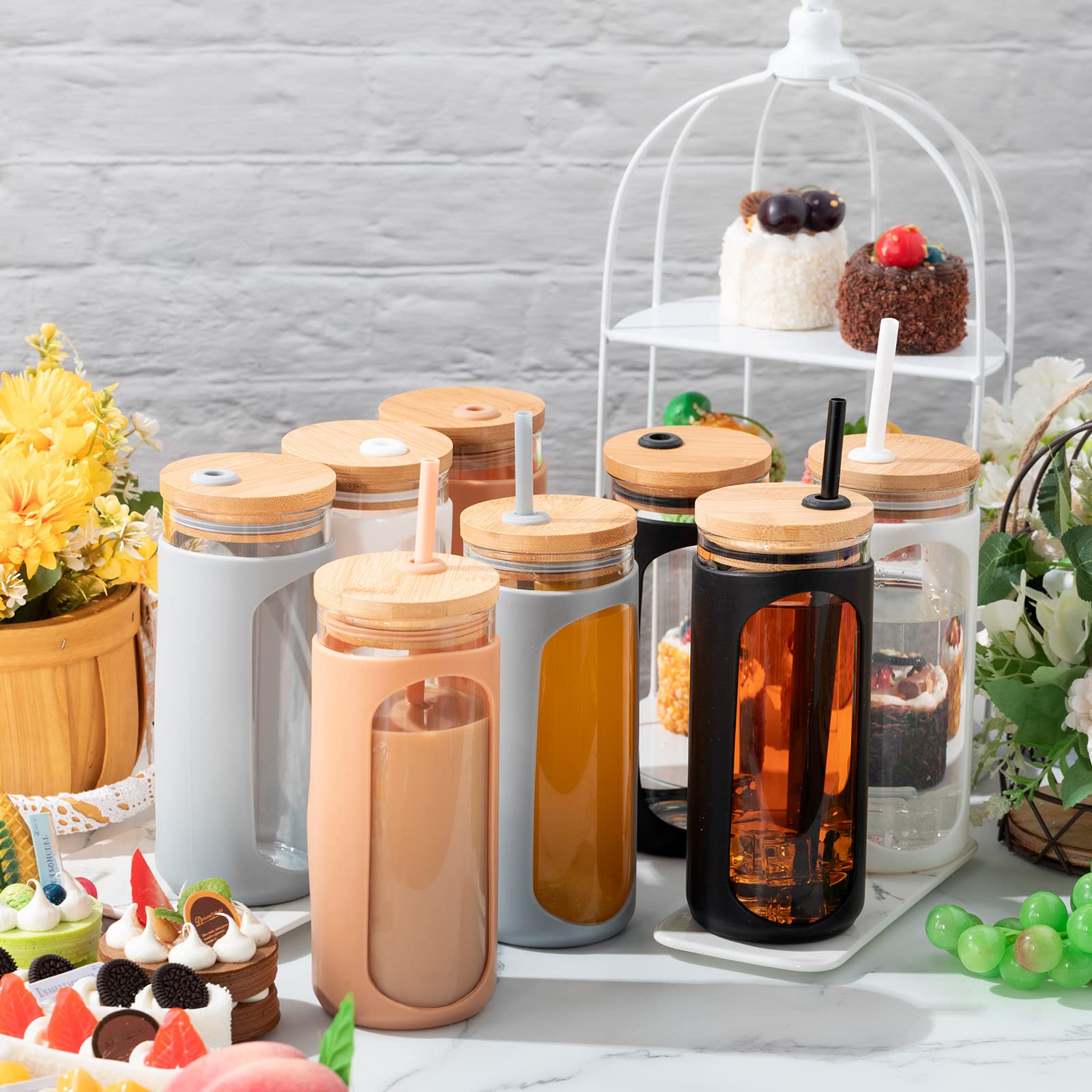 Mimorou 8 Pcs 20 Oz Glass Tumblers with Bamboo Lid and 2 Straw Wide Mouth Water Bottle Iced Coffee Cup Smoothie Tumbler Reusable Silicone Protective Sleeve Spill Proof for Milk (8 Pcs)