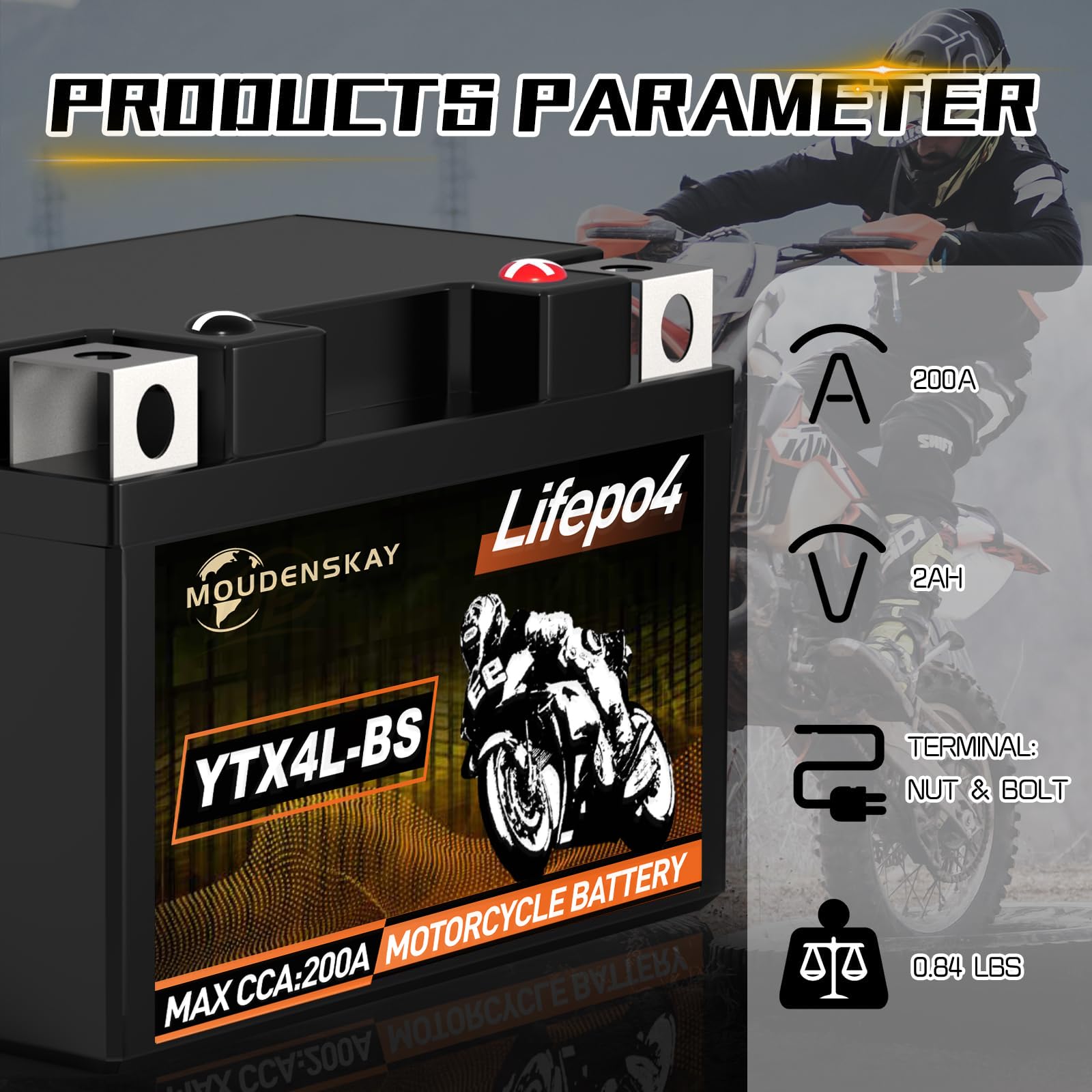 Akumulator litowy do motocykla, 12 V, akumulator litowy Powersports z BMS (YTX4L-BS 12,8 V 2 Ah 200 A) LiFePO4 akumulator rozruchowy do motocykli, ATV, UTV, pojazdów wodnych itp