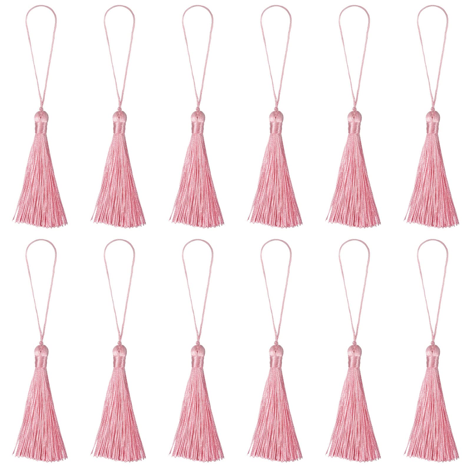 sourcing map Bookmark Tassels - 12Pcs 6.5" Silky Soft Mini Tassel with Loops for Keychain Graduation Handmade DIY Craft Accessory, Rose Pink