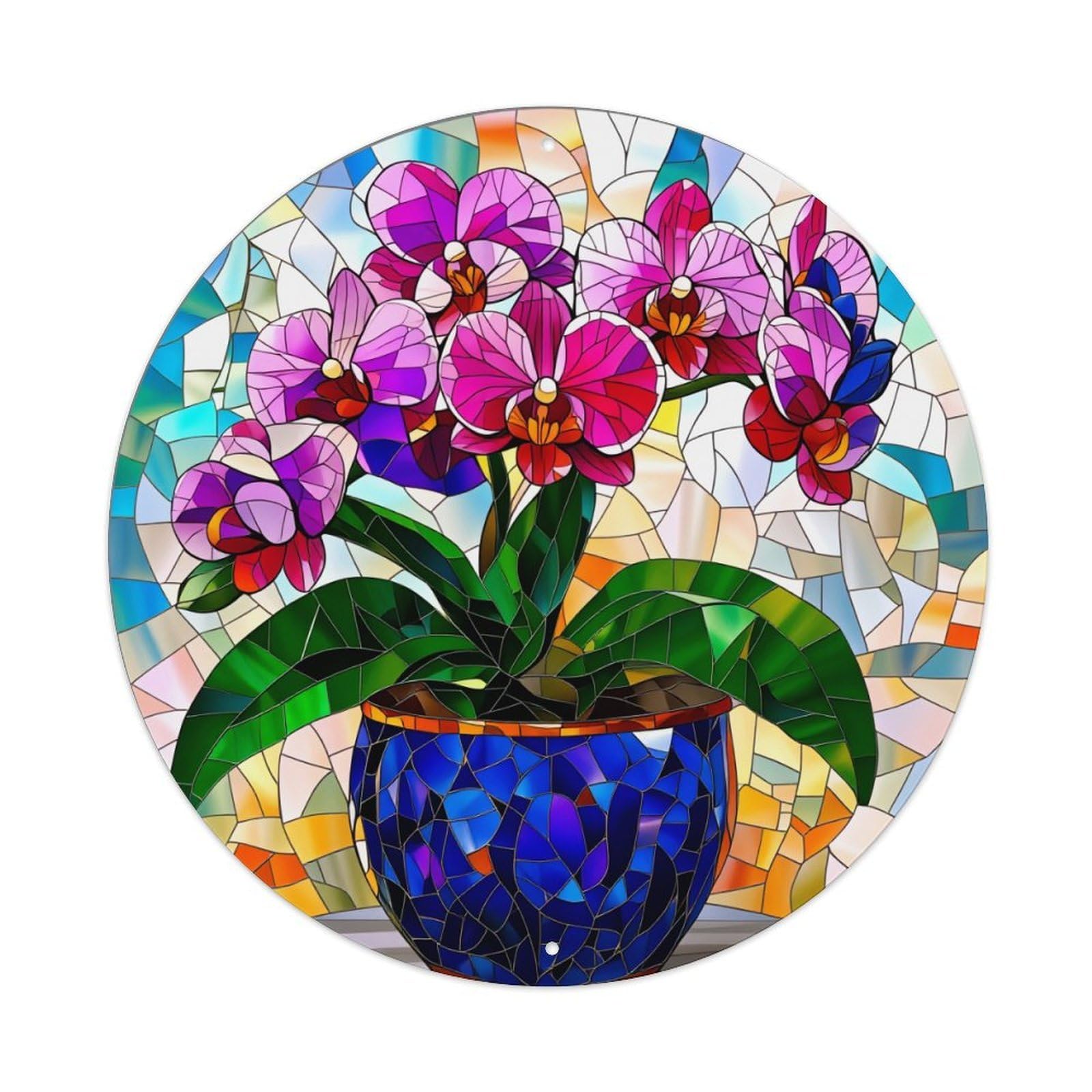 Stained Glass Orchid Pattern Art Round Tin Sign Vintage Metal Sign Home Bar Garden Indoor & Outdoor Wall Decor Retro Metal Poster 8x8 Inch