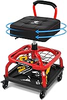 Vista 13 de Rolling Shop Taburete con ruedas, silla de taller mecánico de garaje con respaldo de asa, taburete de trabajo de altura ajustable, asiento