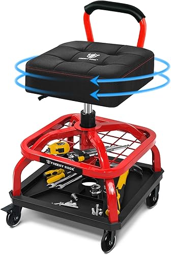 Taburete de taller rodante con ruedas, silla de taller de garaje con asa y respaldo, taburete de trabajo de altura ajustable, asiento rodante con