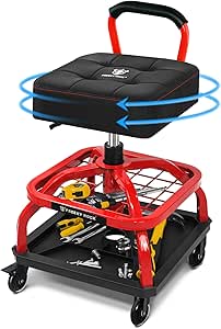 Rolling Shop Stool with Wheels, Garage Mechanic Chair, Adjustable Height, Tool Tray Storage, Heavy Duty, 330 lbs Capacity, Red