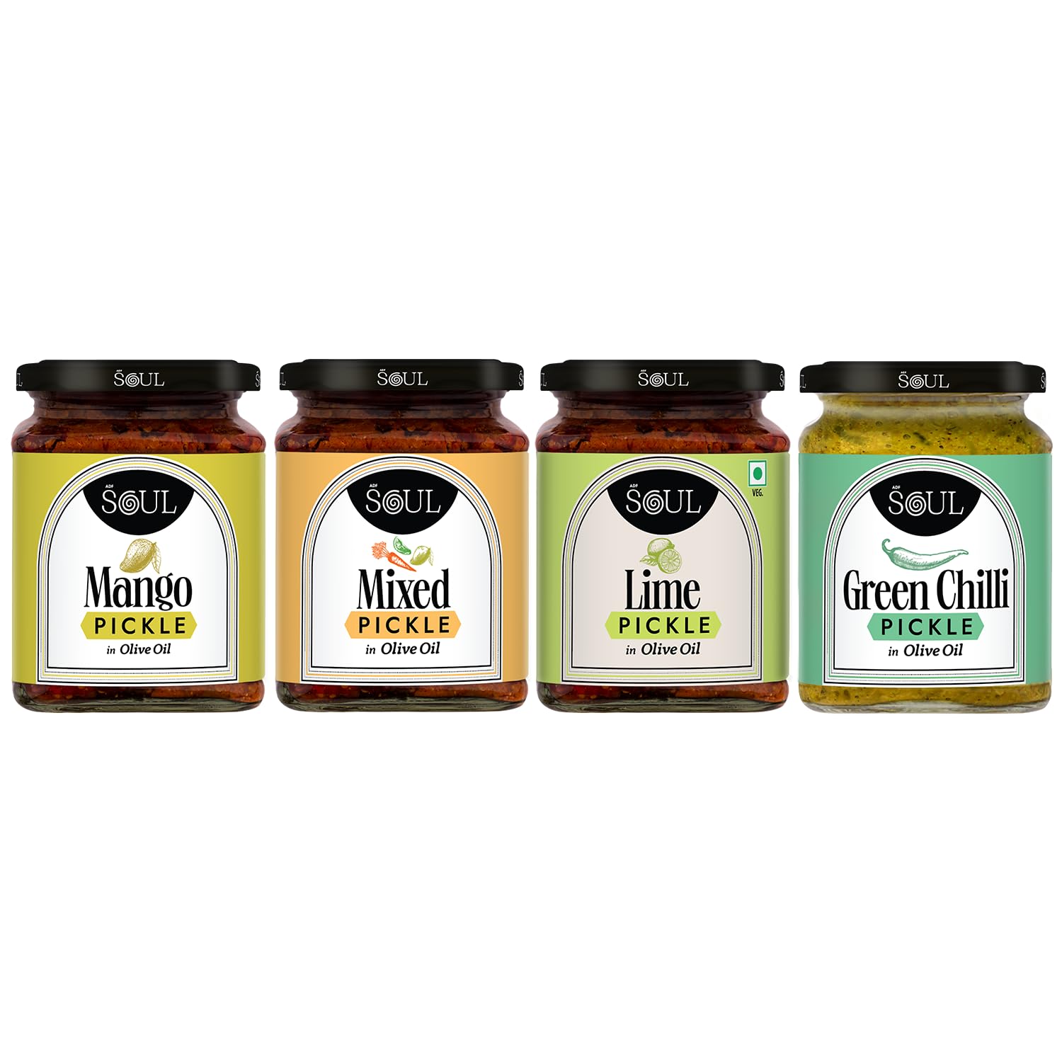 Soul Pickle In Olive Oil Combo Pack Of 4 (Mango + Mixed+ Lime + Green Chilli)