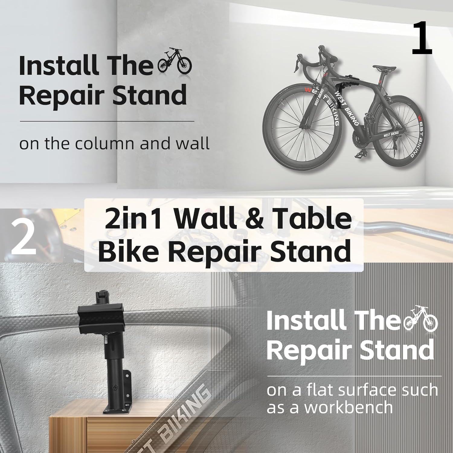 2 en 1 Support Velo Mural, Pied Atelier Velo, Montage Mural et Établi Stable, Rotatif à 360°, Capacité 40kg pour VTT et Vélos de Course pour Entretien et Réparation Bicyclette