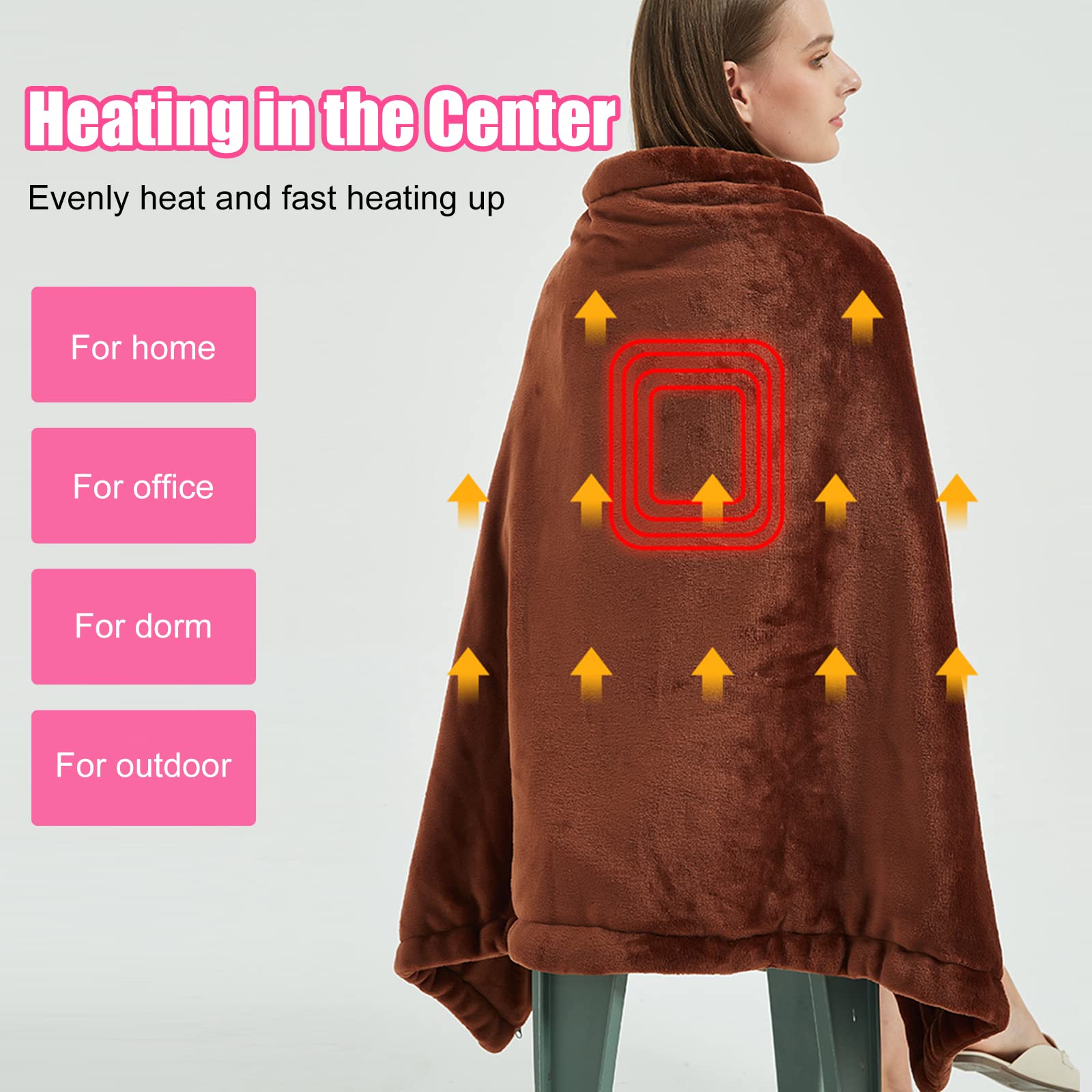 WOOLALA Coperta riscaldata tramite USB, lussuosa coperta riscaldata in flanella con bottoni, ultra calda per collo e spalle scialle per casa, ufficio e uso esterno, lavabile in lavatrice (80 cm)