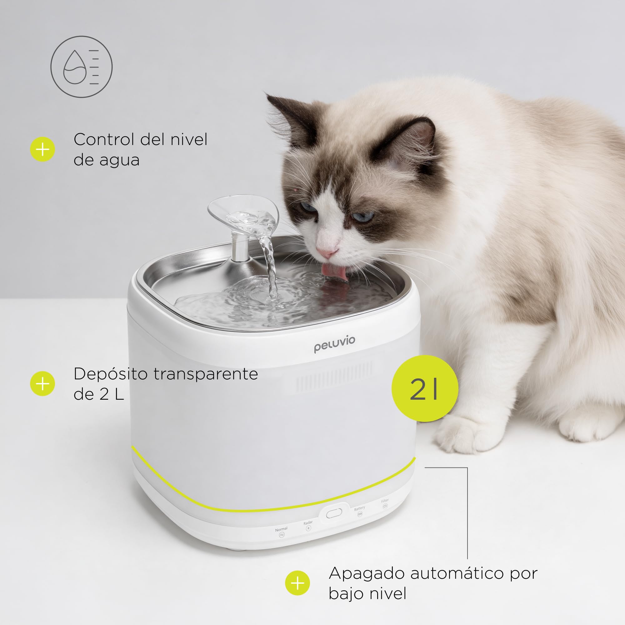 Rillan Fuente de Agua para Gatos Silenciosa con Sensor de Movimiento, Bebedero Automático con Filtro de Carbón Activo, Apagado Automático, Depósito Claro, USB-C o Pilas AA, 2 Filtros, 2 L
