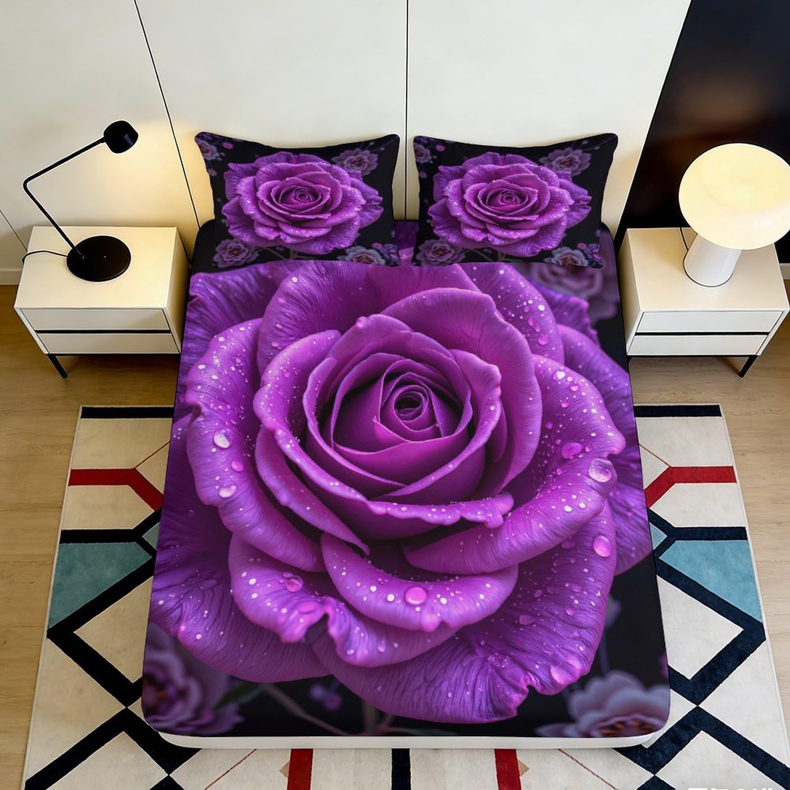 Qjzxknhpgr Style-2 3D Printed Purple Rose Fitted Sheet Microfiber Floral Art Bedroom Decor Mattress Cover For Adult Teen Dorm 90X200x25cm