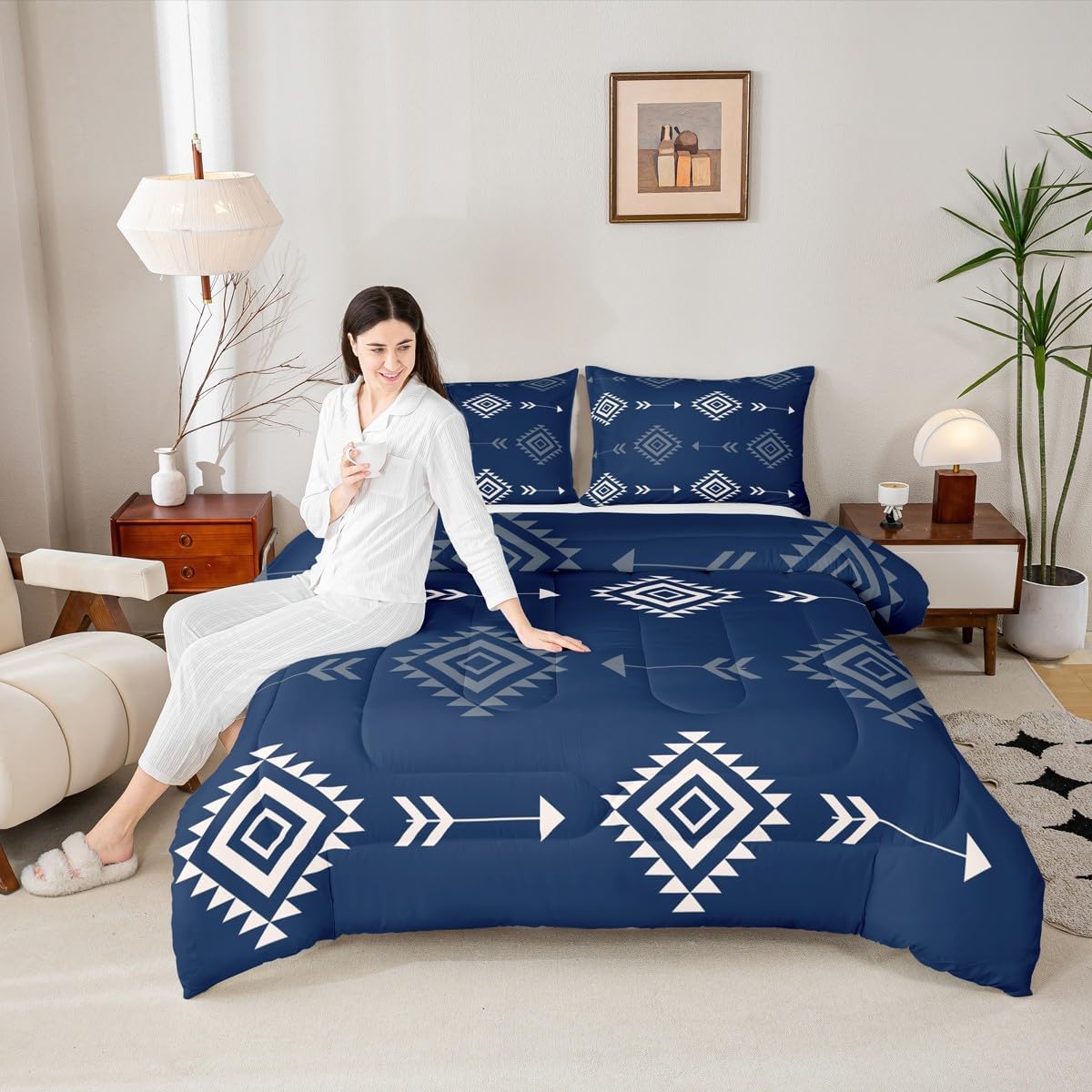 Feelyou Blue Western Bedding Set Full Size Kids Southwestern Aztec Tribal Comforter Set for Boys Girls Bohemian Duvet Quilt