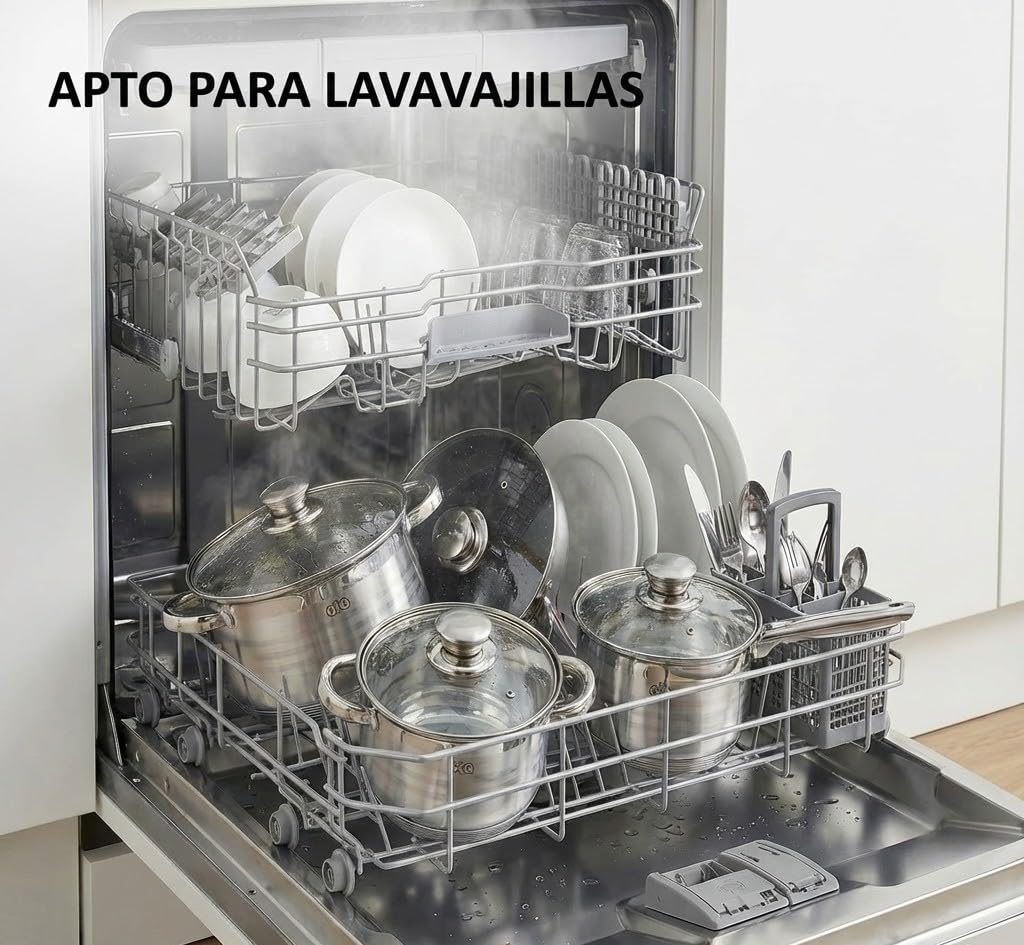 Batería de Cocina 12 Piezas Acero Inoxidable con Tapas de Vidrio, Sartén con Revestimiento de Mármol, Apta para Todo Tipo de Cocinas
