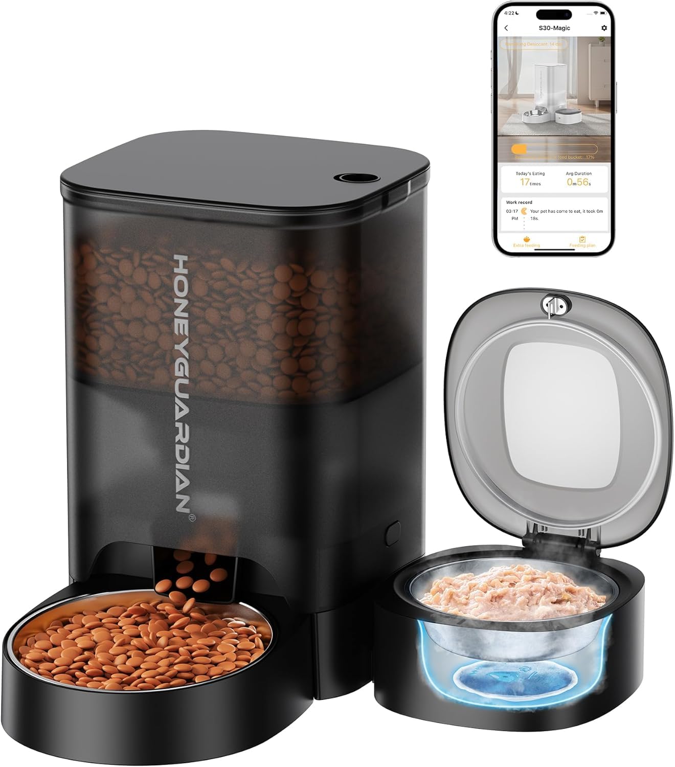 HoneyGuaridan Automatic Cat Feeder for Wet Food,2.4G WiFi Enabled Smart Feed Pet Feeder with Ice Pack and Freshness Dry Desiccant,Timed Dry Food Dispenser with APP Control