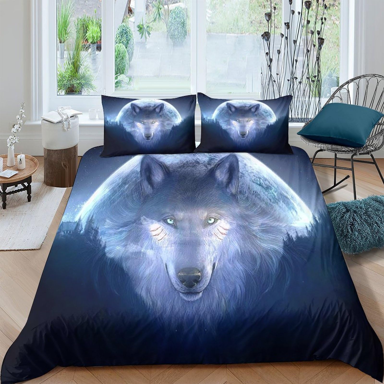 Ctjqhvkz Style-10 3D Printed Blue Wolf Fitted Sheet Microfiber Soft Breathable Moonlight Mattress Cover For Bedroom Dorm Decor Single（135X200cm）