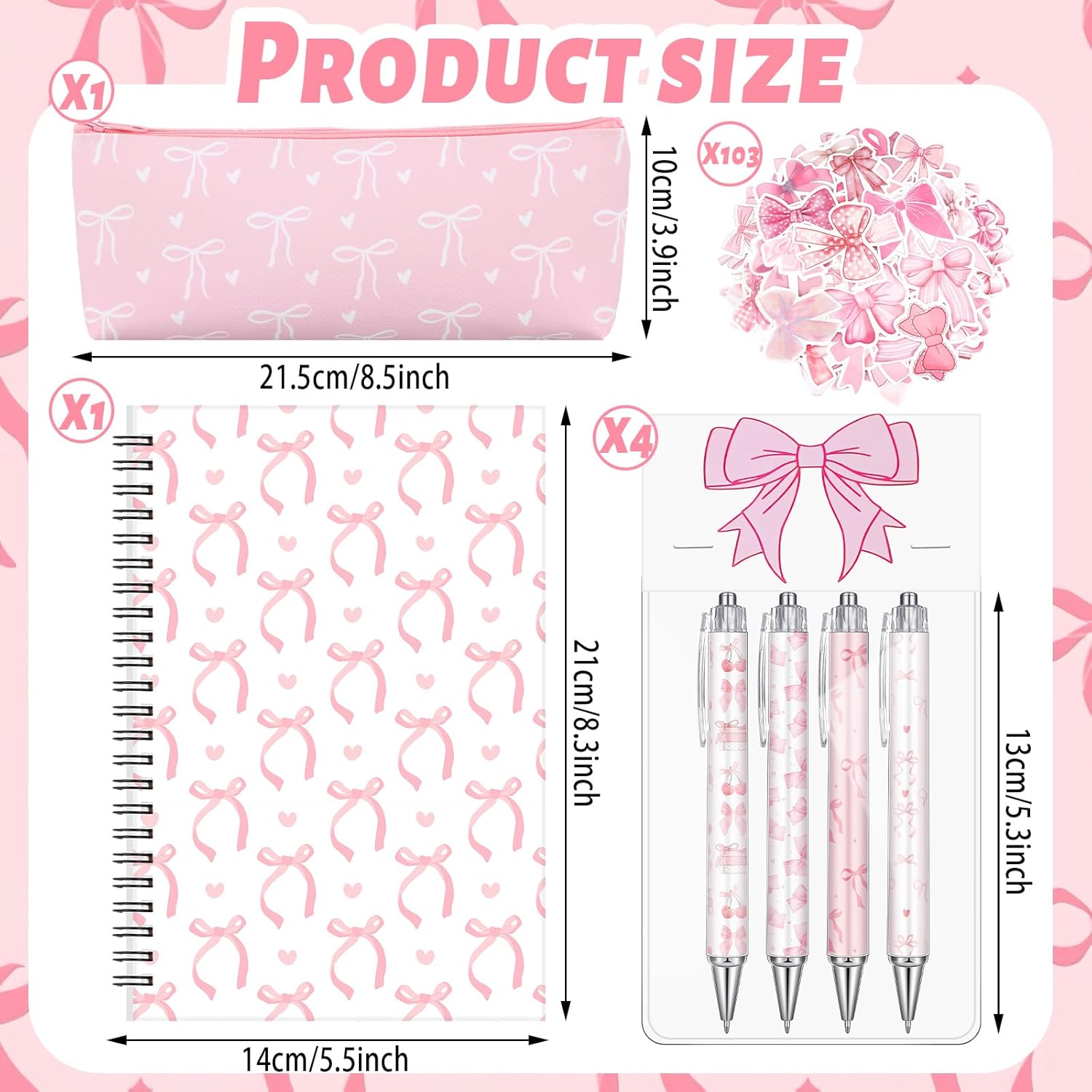Pink Bow Stationery Gift Coquette School Supplies Set Include Pens Aesthetic Journal Notebook Pencil Case and Stickers Pink Bow Preppy Back to School Supplies for Girl Students - Image 2