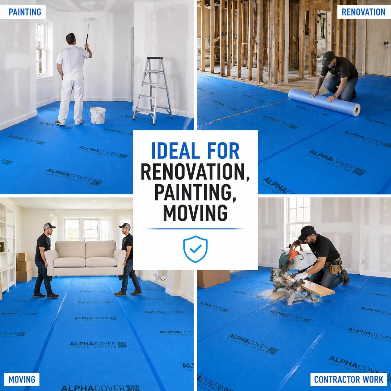 From Plain to Beautiful in Hours AlphaCover Blue Protective Floor Covering Sample - 20" x 20", Self-Adhesive Floor Protector for Moving & Construction, Waterproof & Breathable