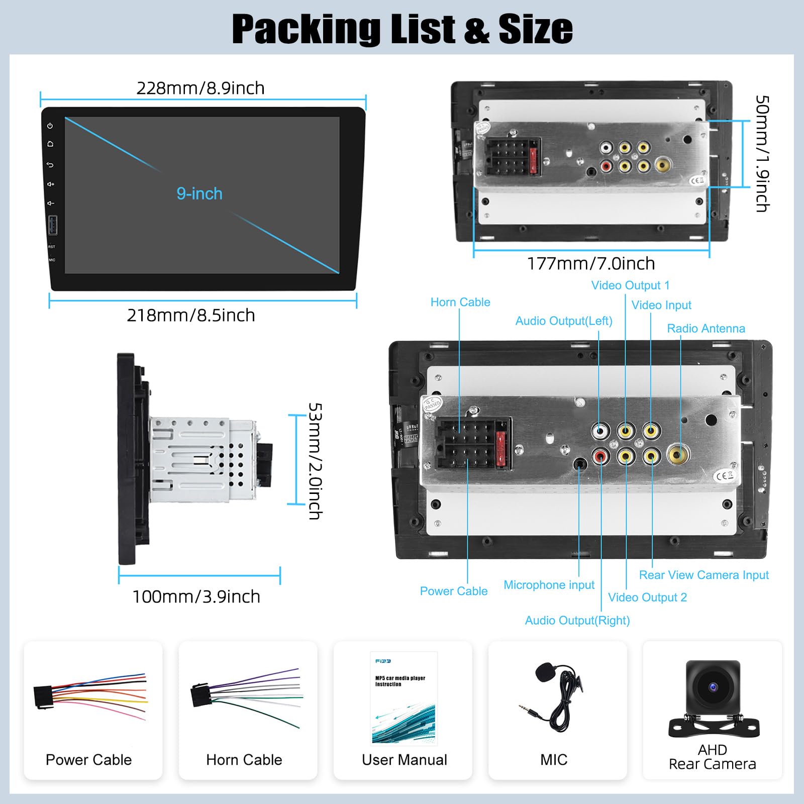 CAMECHO Autoradio 1 Din con Senza Fili Carplay Android Auto Schermo 9 Pollici Bluetooth Radio Touch Display con Telecamera Posteriore Mirror Link FM SWC USB Comandi al Volante