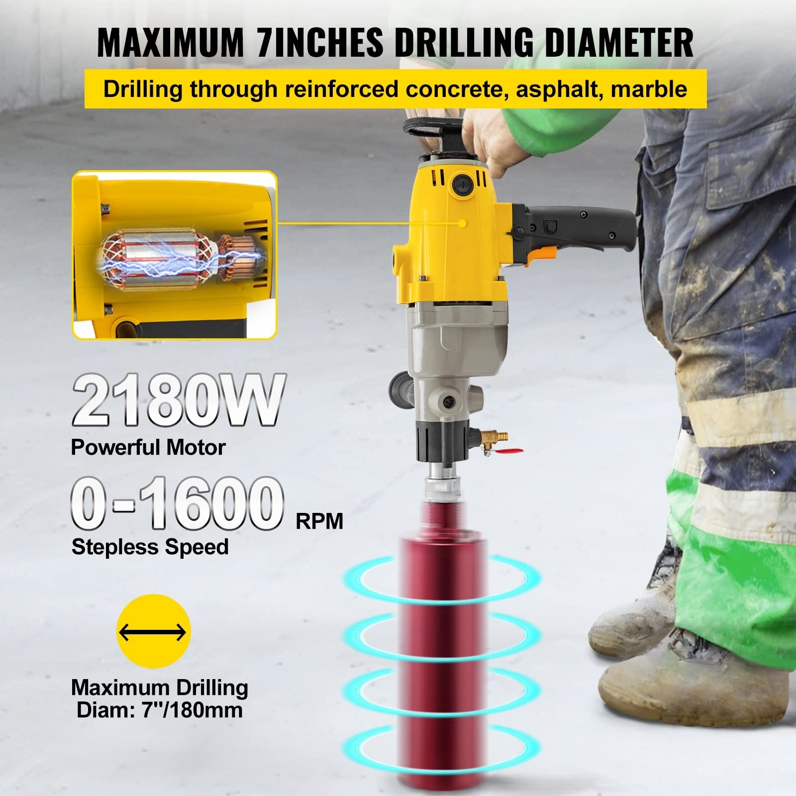 2180W ręczna wiertnica diamentowa do betonu 180mm elektryczna bezstopniowa prędkość wiertarka na mokro lub na sucho elektronarzędzia dla profesjonalistów i majsterkowiczów