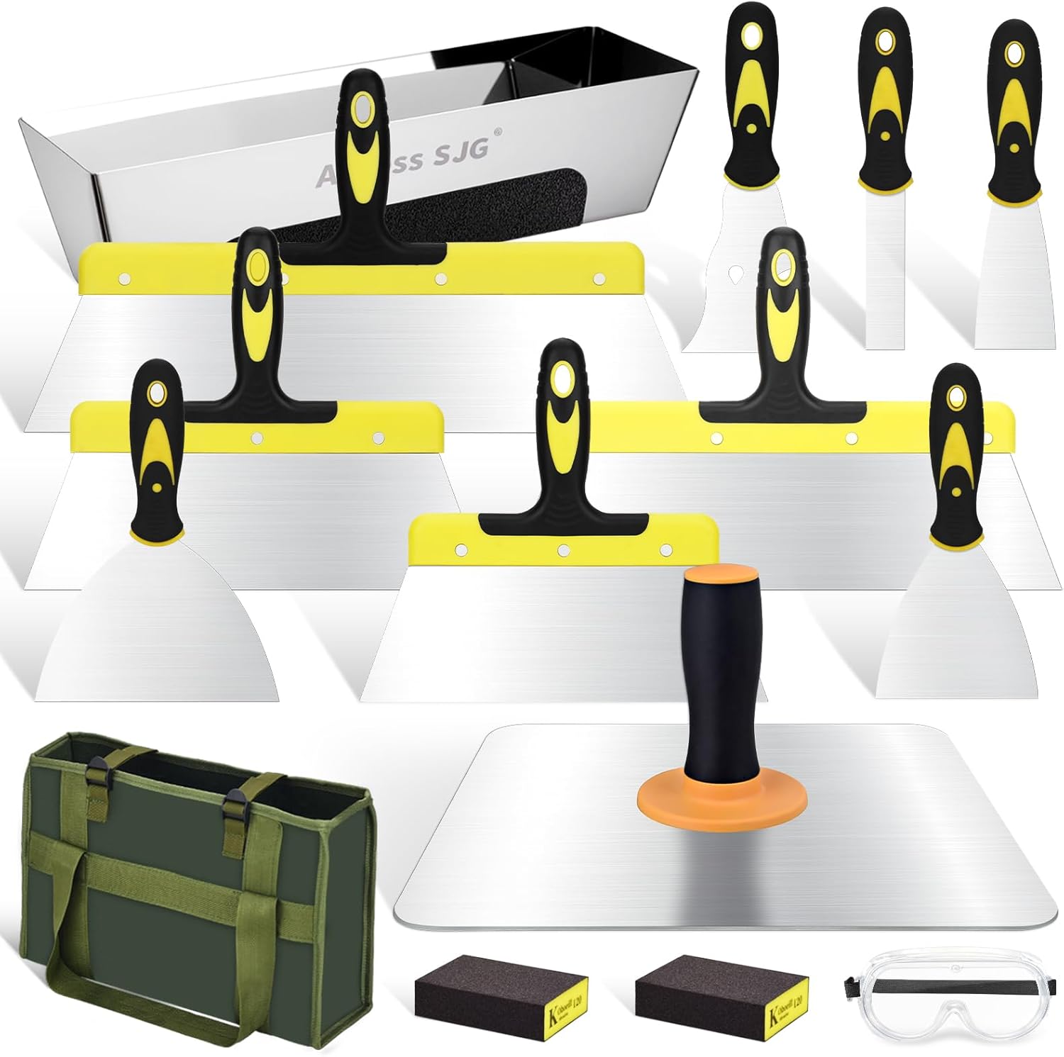 15-Piece Professional Drywall Tool Kit - 14PCS Stainless Steel Drywall Knife Set with 12" Aluminum Hawk, 14" Mud Pan, Oxford Carry Bag & Sanding Block, Complete Spackle Tools for Home & Contractor