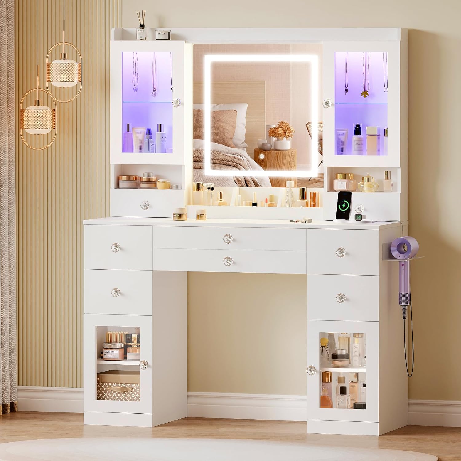 Dripex Dressing Table, Vanity Desk with LED Lights Mirror and Power Outlet, Adjustable Brightness, Makeup Desk with 4 Show Cabinets, 7 Drawers, 5 Open Storage Areas and Hairdryer Holder, for Bedroom