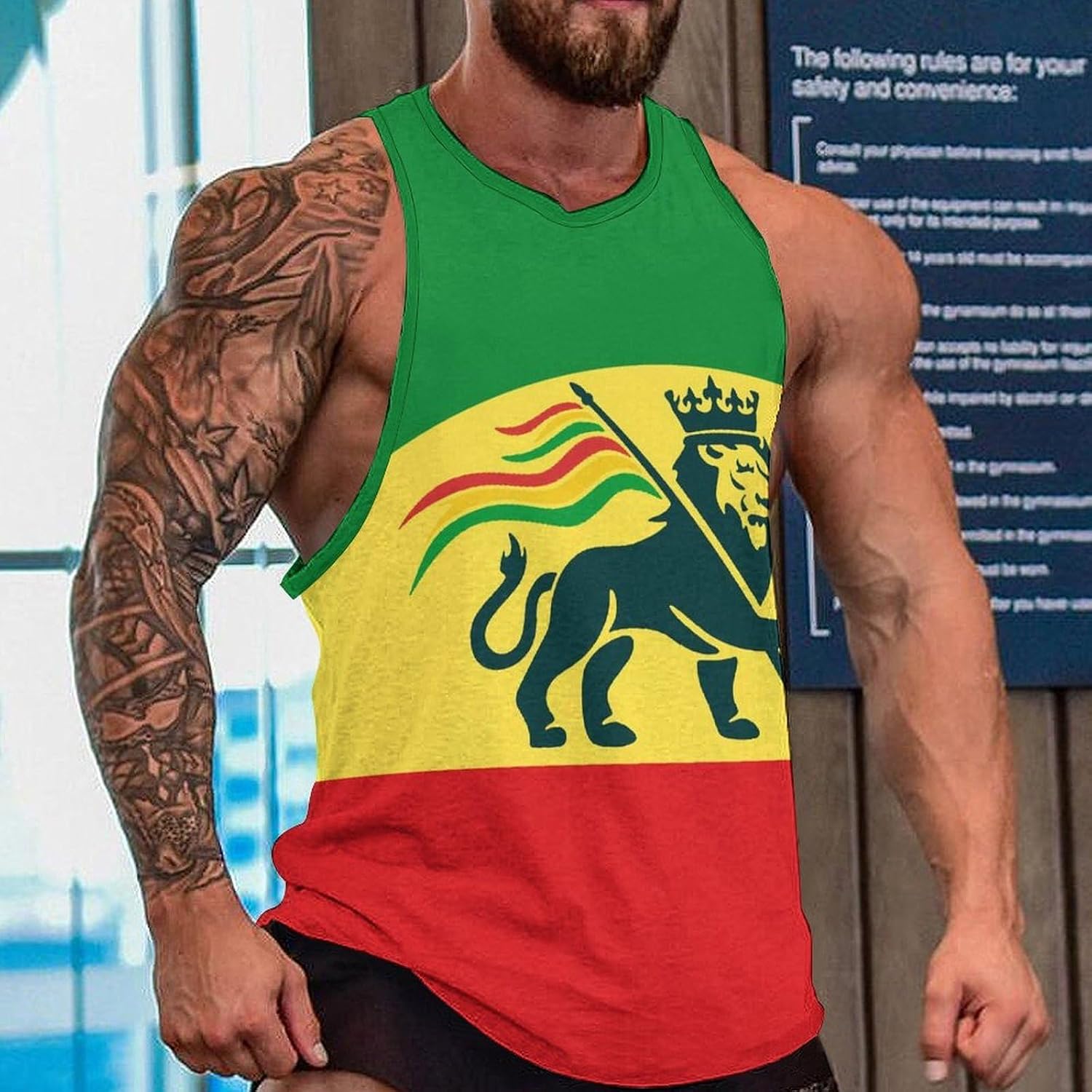 Ethiopian Rastafarian Lion Flag Mens Tank Tops Sleeveless Muscle Shirts Beach Casual Gym Shirt Vest Tee Tops