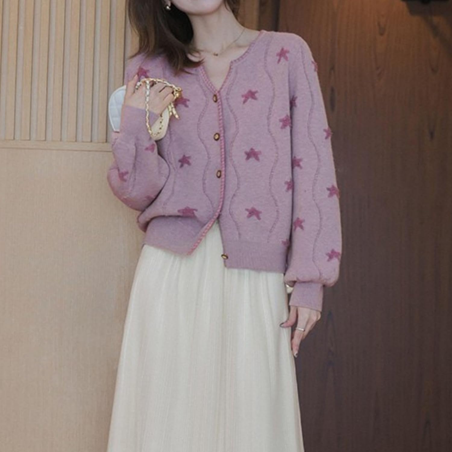 FindThy Women’s Star Printed Cardigan Sweater Gentle V-Neck Long Sleeve Embroidered Trims Button Down Knit Outerwear Top