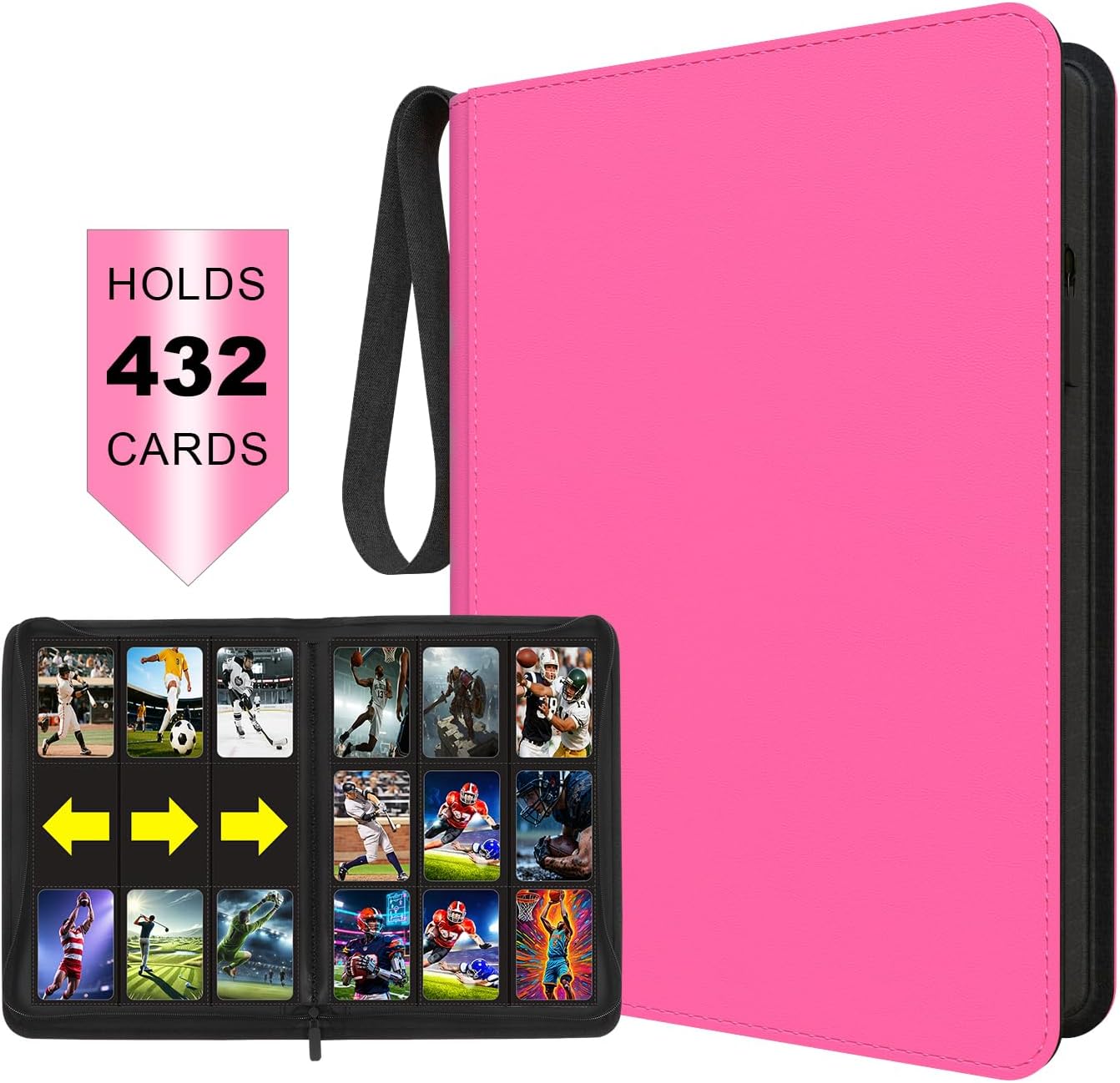 9 Pocket Pink Card Binder - Holds 432 Cards, 24 Double-Sided Clear Pages, Premium Zippered Cute Card Album Folder Compatible with Card Sleeves, Perfect for Sports MTG Game Card Collections(Pink)