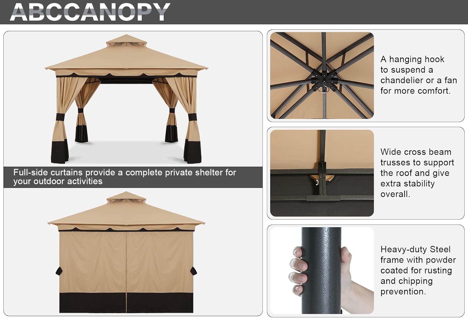 ABCCANOPY 10'x10' Outdoor Gazebo, Double Roof Patio Gazebo with Shade Curtains, Beige