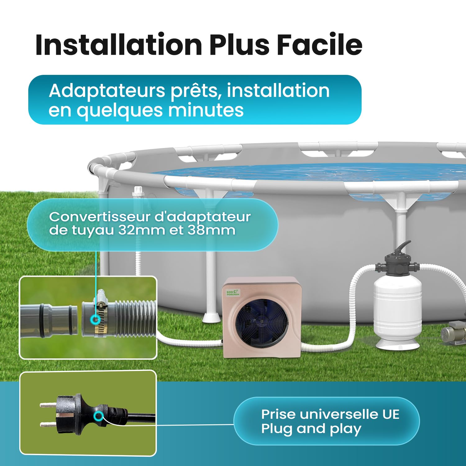 ECOPOOLTECH Pompe à Chaleur Piscine Hors Sol - jusqu'à 40 000 l, Max5,4 KW Chauffage Piscine, Marron