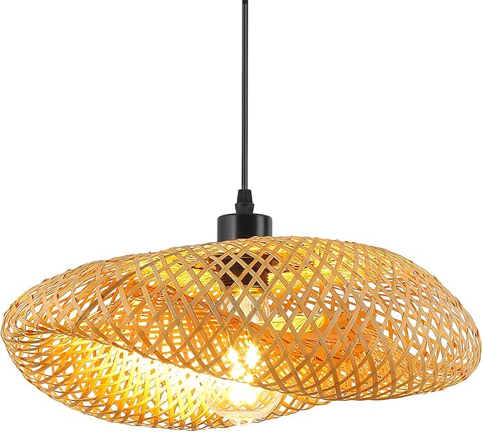 Schindora Retro plafondlamp, hoed van bamboe, rotan, 40 cm, weefsel, plafondlamp, badkamer, E27, creativiteit, plafondverlichting voor eetkamer, woonkamer, restaurant, licht stro