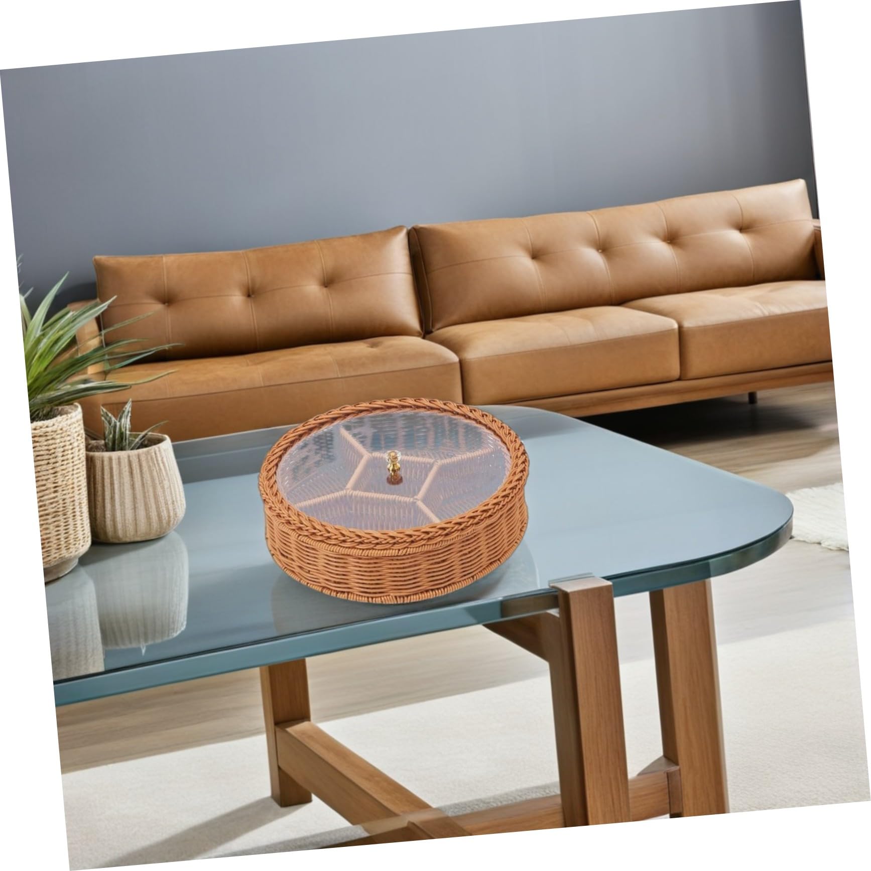 MAGICLULU Plateau De Service Compartimenté 5 Compartiments Plastique Tissé à La Main Transparent Multifonction Salon Bureau Panier De Fruits Secs Noix Bonbons Fruits avec Couvercle