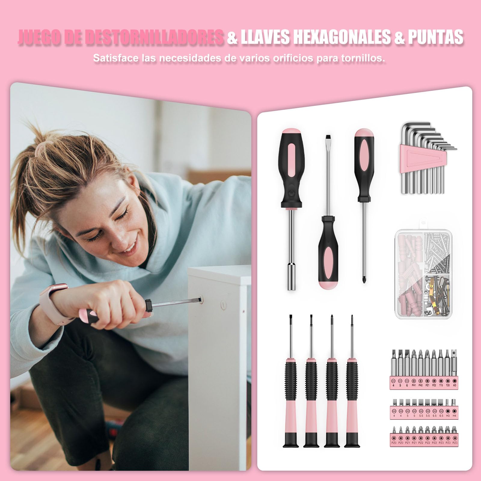 Taladro Atornillador 12V - Sundpey Caja Herramientas 206 Piezas con Taladro Eléctrico Compacto, Juego Herramientas con Destornillador Electrico para Oficinas y Jardín Rosa