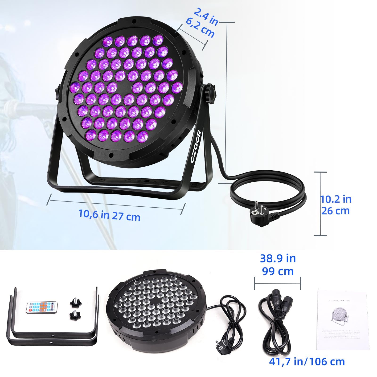 90W Par LED Luce, Czgor 60 LED Par RGB 3 in 1 Luci da Palco Avec Telecomando con 1M Cavo DMX, DMX512 7CH Discoteca Illuminazione Palco per Feste Bar DJ Discoteca Matrimonio, 2 Pezzi