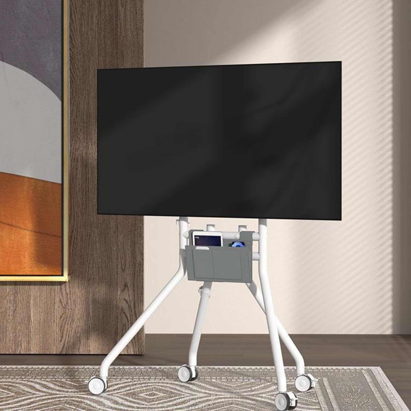 HPTHLY All-In-One Tv Floor Stand,Touchscreen Tablet With Wheels, Trolley With Storage For Flat And Curved Screen Led Oled Tvs(White-55)