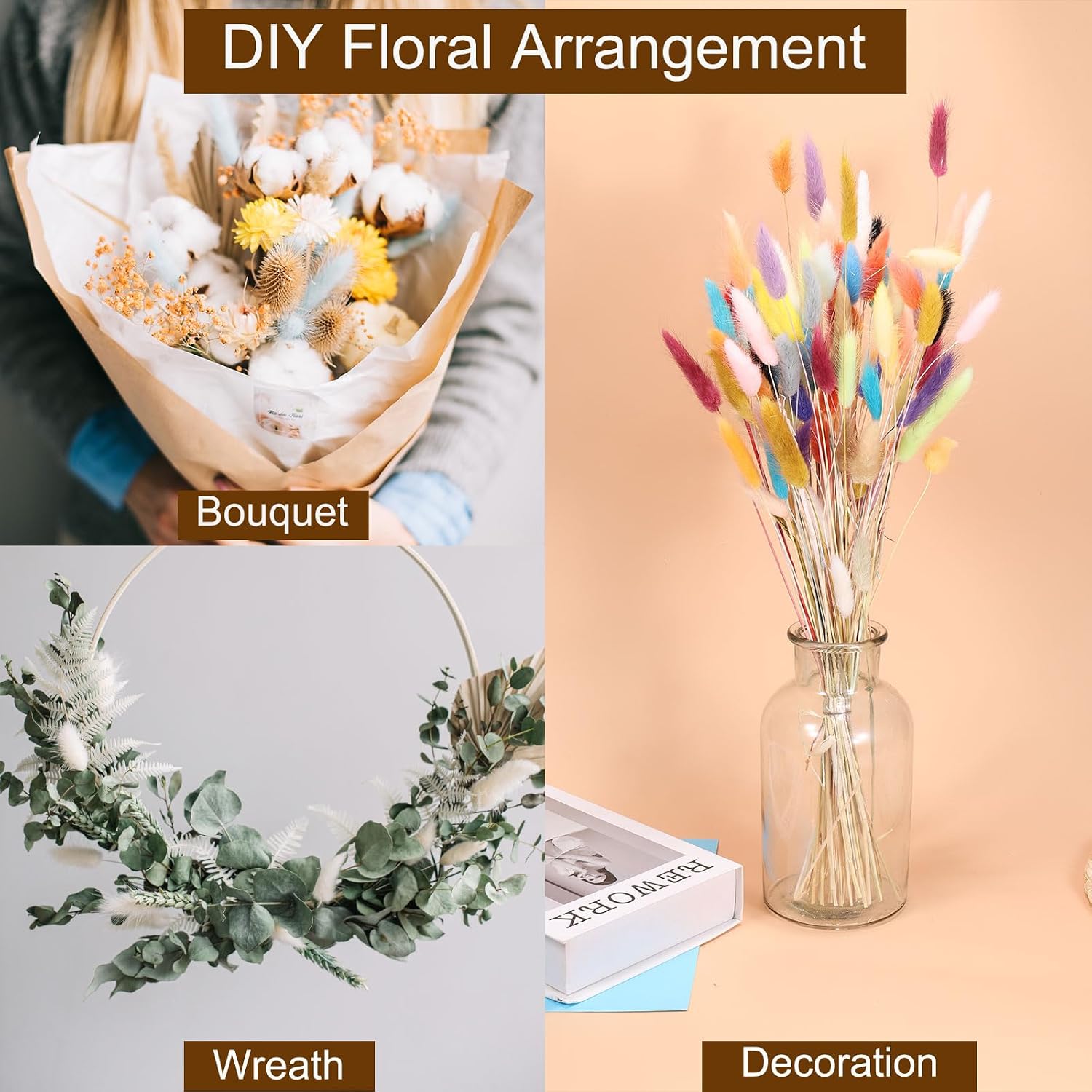 MECCANIXITY 50pcs Natural Dried Pampas Rabbit Bunny Tails Dried Flowers 18" Mini Pampas Grass Lagurus Ovatus Bunch for Home Floral Decor, White