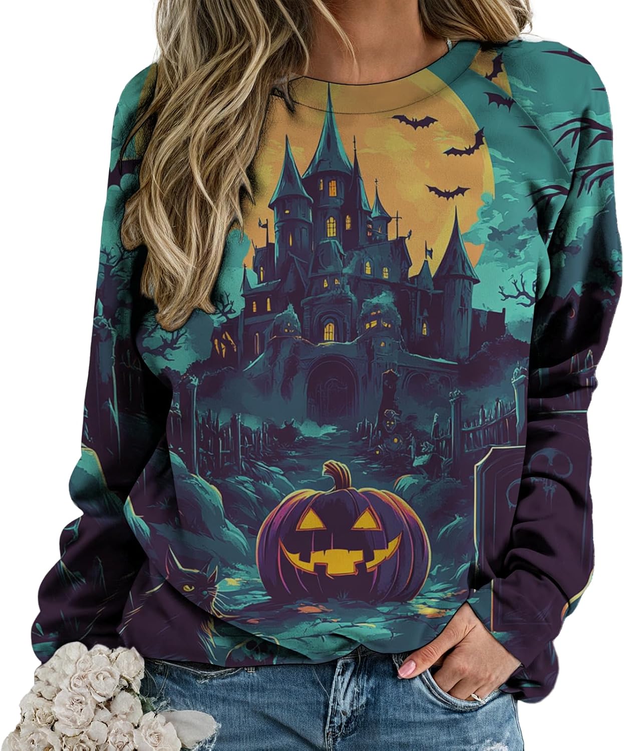 Halloween Sweatshirt For Women Long Sleeve Crew Neck Sweatshirts Fall Halloween Cos...