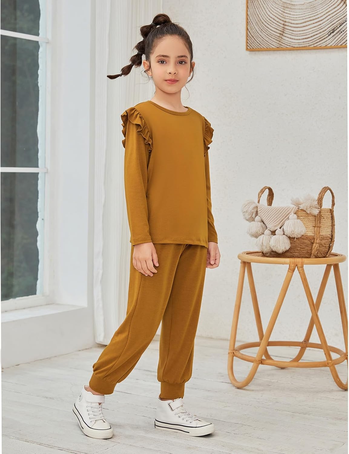 QPANCY Girls 2 Piece Outfits Stylish Tracksuit Ruffle Pullover Sweatshirt Kids Sweatsuit Sweatpants Clothing Sets - Image 2