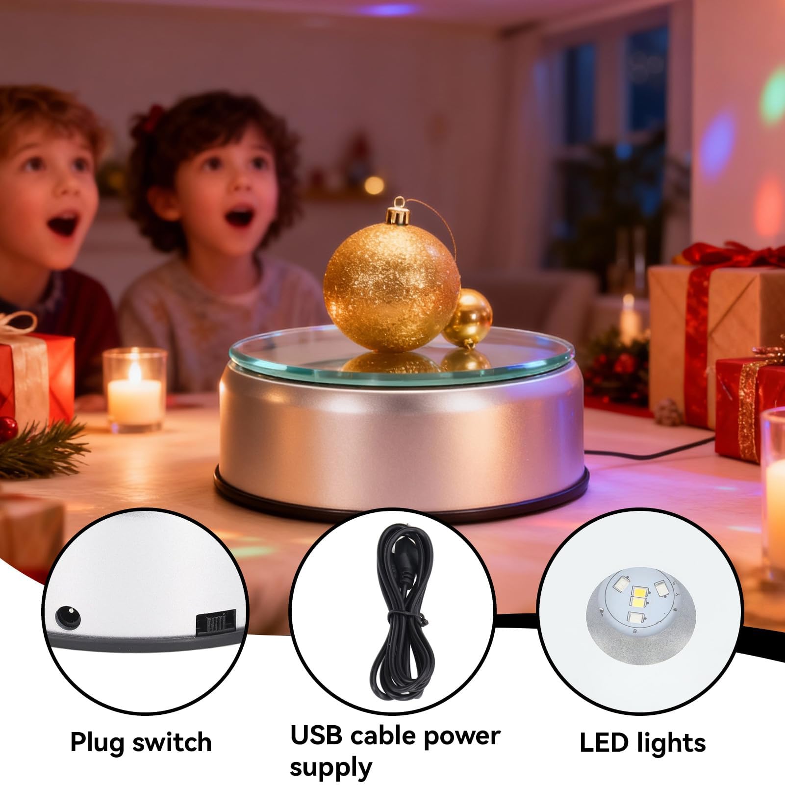 Espositore girevole, base per display girevole a LED Base luminosa colorata Base di visualizzazione in vetro Display a tazza Turner Statua girevole illuminata Piattaforma