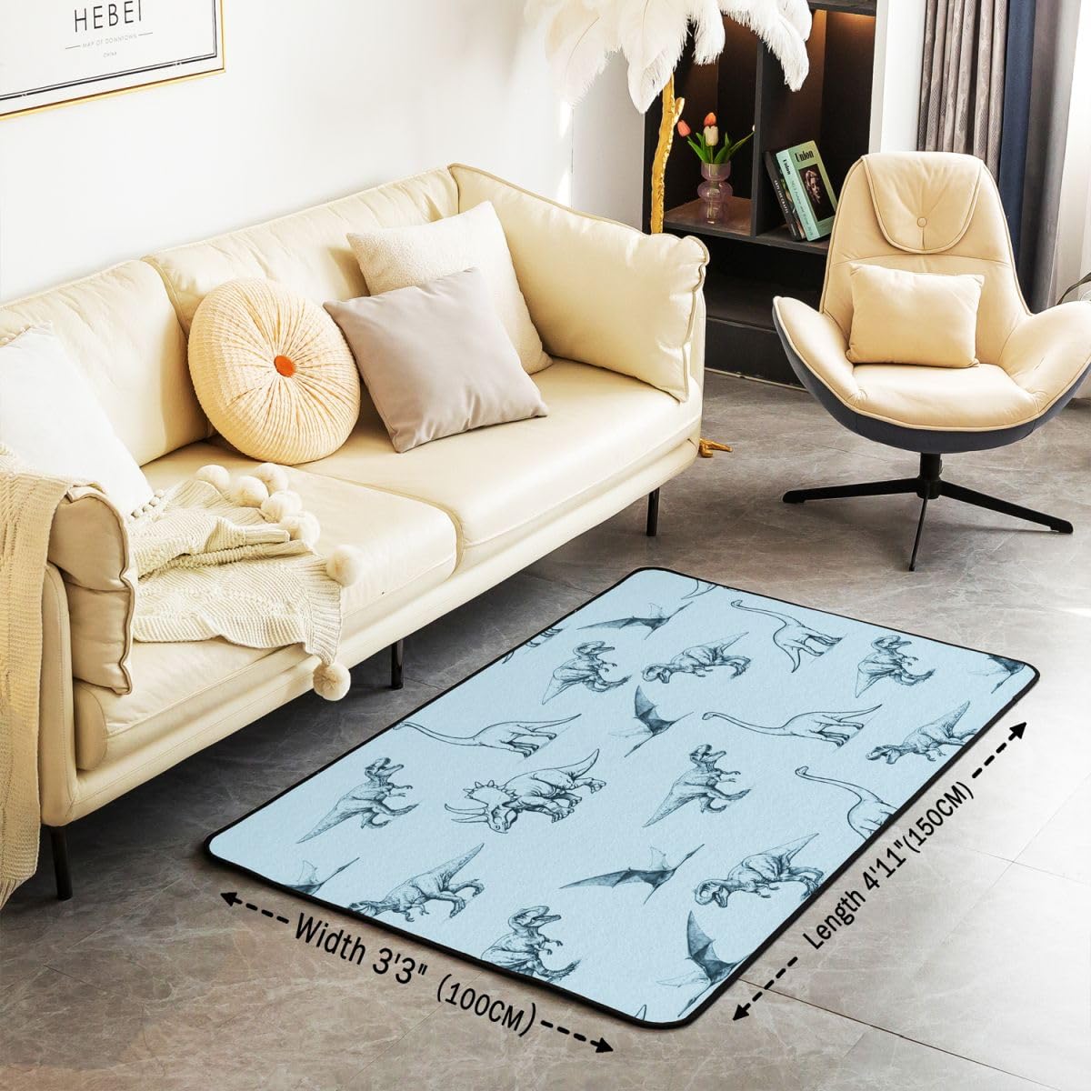Homewish Jura Teppiche Wohnzimmer Dinosaurier Rug Pflegeleicht Flugsaurier Handgezeichnet Triceratops Teppich 100x150 Einfache Linienzeichnung Blaugrün Carpet Living Room