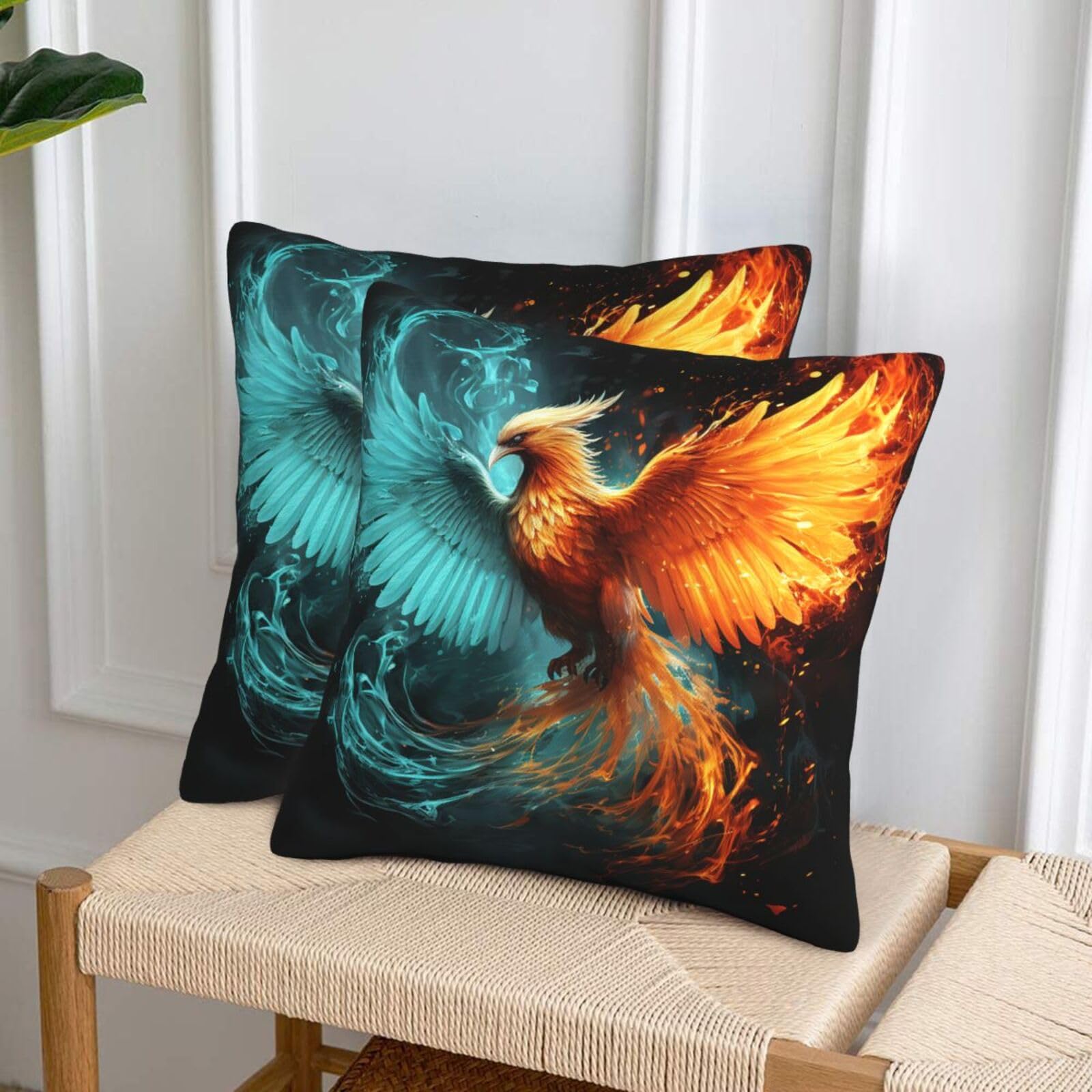 NONHAI Decorative Throw Pillow Covers Set of 2, 20"x20" Square Cushion Case Soft Comfy Fire and Water Phoenix Throw Pillows for Couch Cushion Livingroom Farmhouse Home Decor Pillowcases
