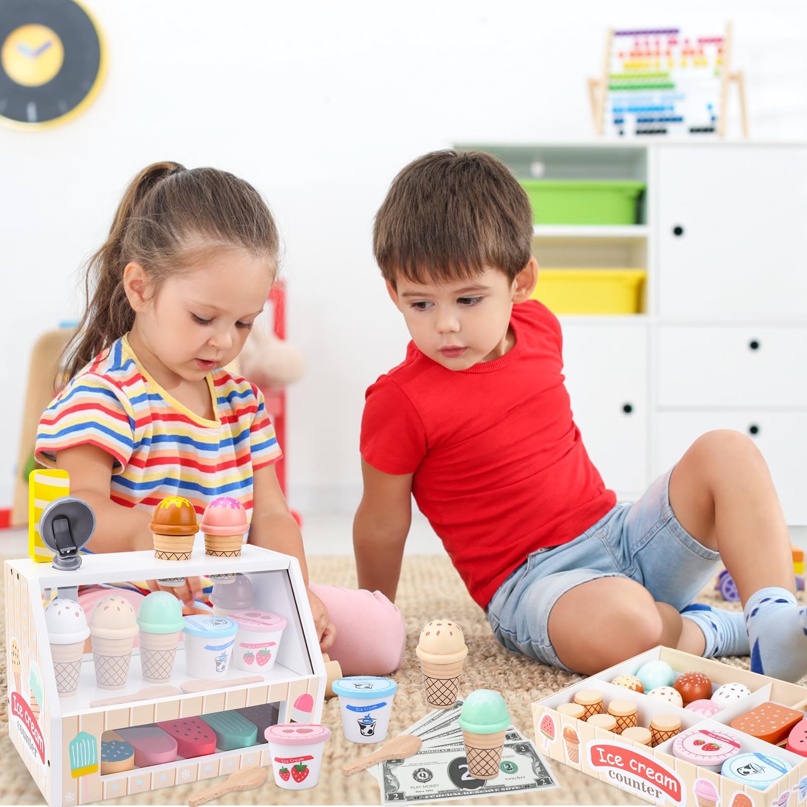 Glacier en Bois pour Enfant,Glacier Jeu Accessoires de Cuisine,Jouets de Crème Glacée en Bois pour Enfant,Marchande en Bois Jeu Éducatif Cadeaux pour Fille 3 4 5 6 Ans