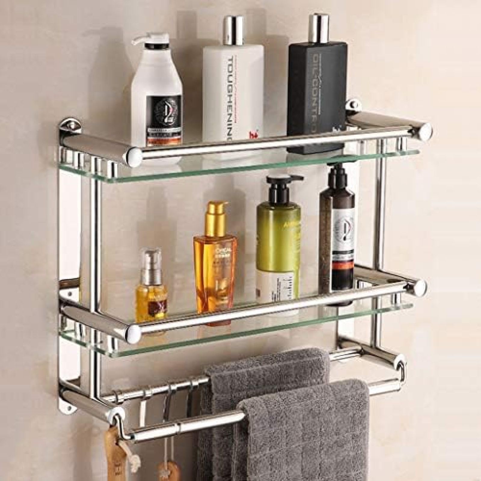 KES Mensola Bagno In Vetro Temperato 8mm - 2 Ripiani Con Portasciugamani, Alluminio Argento, 40x36cm