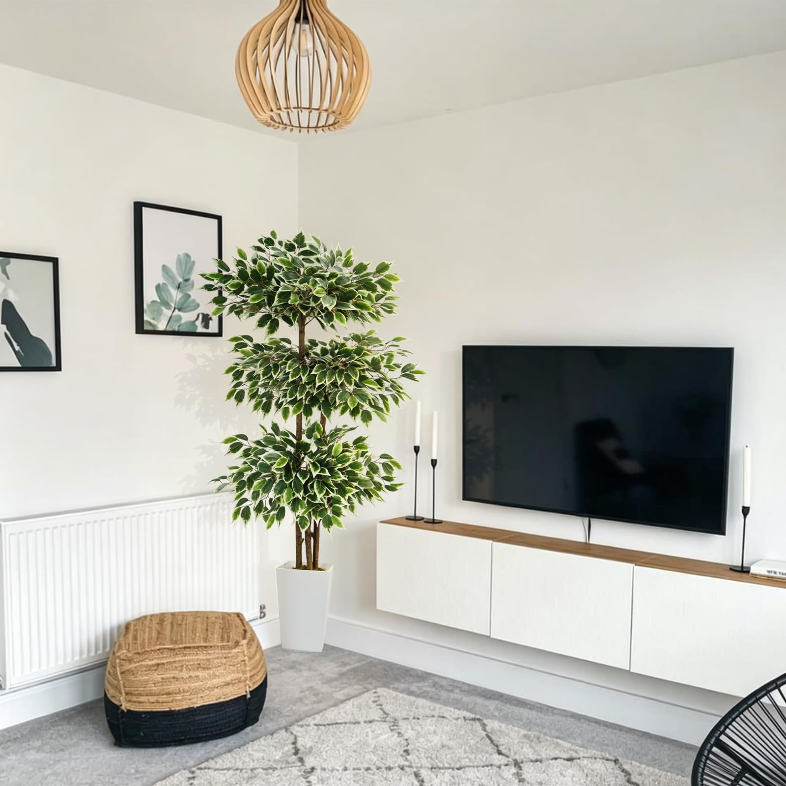 Ficus Artificiel 180 cm Arbre Artificiel avec Grand Pot Blanc | plante artificielle grande 3 couches de feuilles en soie 3 troncs épais fausse plante décorer maison salon bureau intérieure